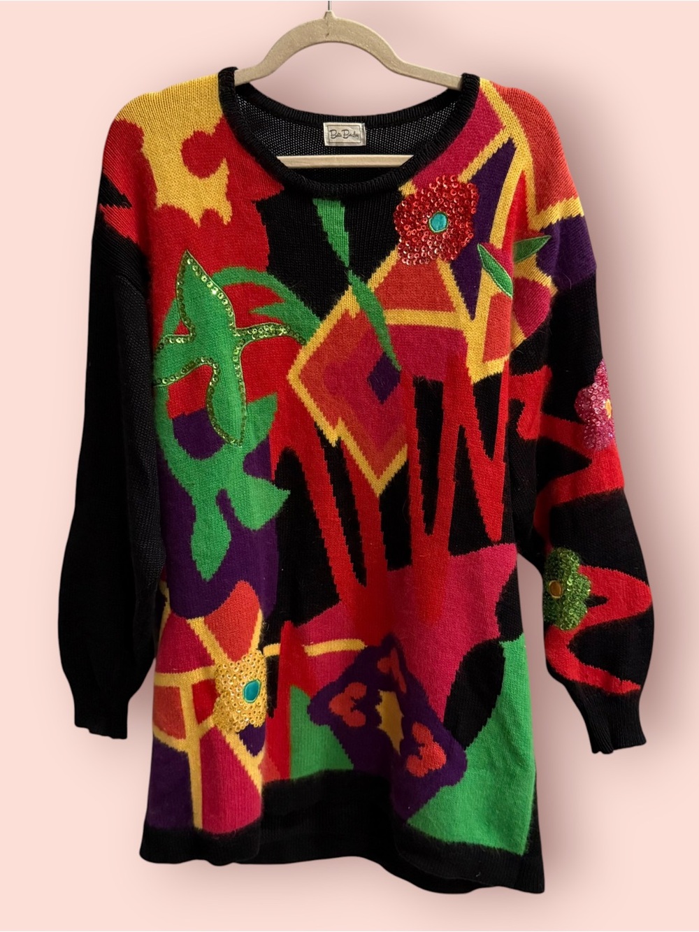Vintage Betty Barclay Abstract Sequin Sweater Mini Dress Wearable Art